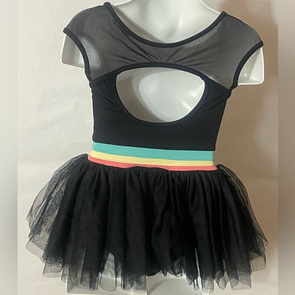 Bloch girls' skirted leotard in black with melon/yellow/aqua accents SM 4-6 - Picture 3 of 3